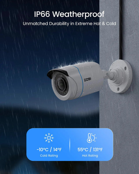 Weatherproof camera from AI Motion Detection All In One Home Security System With 8 Channel DVR And 4 Weatherproof 1080p Cameras For Indoor Outdoor Use H265 Smart Alerts. Suitable for extreme weather, mounted outside on a wall.
