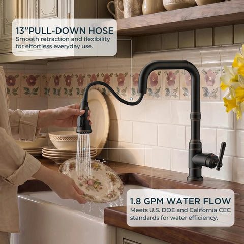 Vintage Kitchen Sink Faucet With Pull Down Sprayer And Single Handle, 13" hose for easy washing dishes with 1.8 GPM flow.