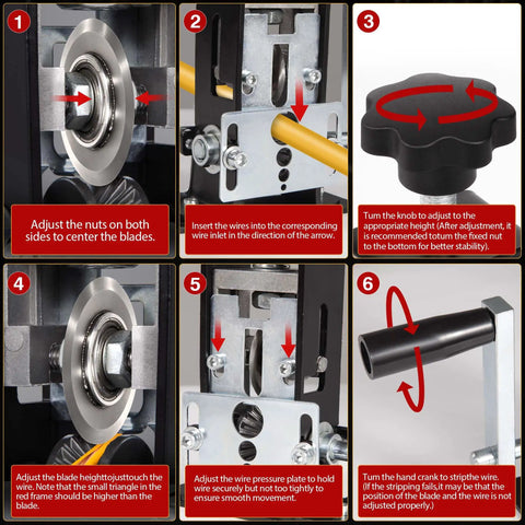 Straight Up Manual Wire Stripping Machine For Copper Cable setup guide showing blade adjustment and wire insertion steps.