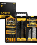 Badass 105 Piece Titanium Drill Bit Set With High Speed Steel Screwdriver Bits And Countersink Tool No Nonsense Design Crushes Metal Wood Masonry In A Sturdy Organizer Case open case showing assorted titanium drill bits and screwdriver bits.