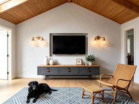 Living room with Vintage Double Sconce Wall Light With 5.9 Inch Clear Glass Globe, modern decor, E26 socket, TV, wicker chair, and dog.