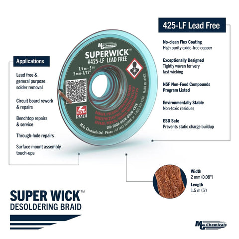Desoldering Braid No 3 Fine Wick Pro Grade For Lead Free Solder 0.075 Inch Width 5 Foot Length RoHS Compliant High Temp Unleaded