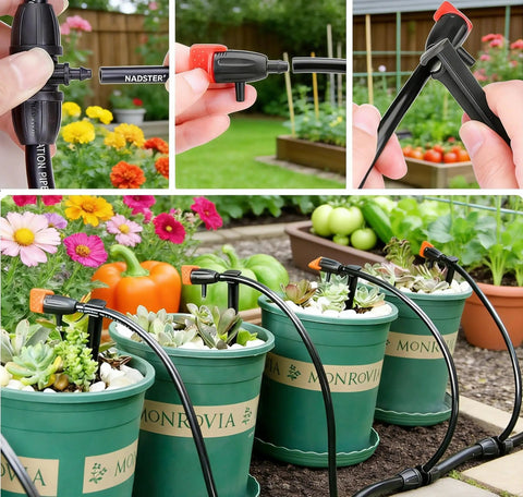 30 Pack Adjustable Drip Emitters For Garden Irrigation setup on potted plants with 4/7mm hose, flowers in background