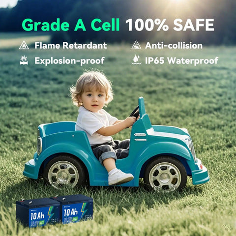 Child driving toy car powered by 12V 10Ah LiFePO4 Deep Cycle Battery With Built In 20A BMS And F1 Terminal 5000 Plus Cycles