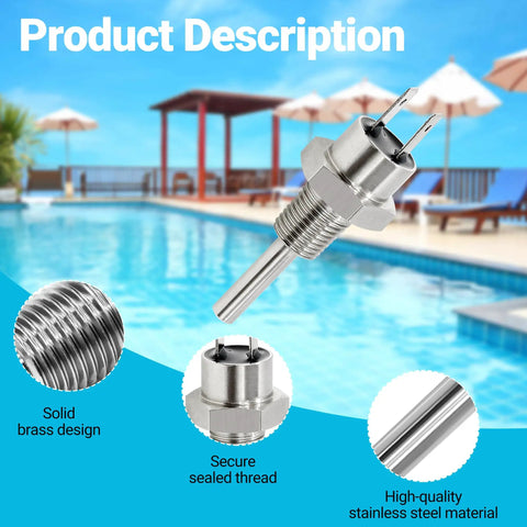 Heater Thermistor Replacement Sensor 42001-0053S with stainless steel housing, shown poolside for Pentair Sta Rite heaters.