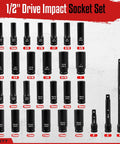 Three Eighth Inch Drive Impact Socket Set With Forty Eight Piece SAE And Metric Deep And Shallow Sockets Plus Three Inch And Six Inch Extension Bars Three Eighth Universal Joint And Three Eighth To One Half Inch Adapter Cr V Steel Six Point displayed in grid with sizes.