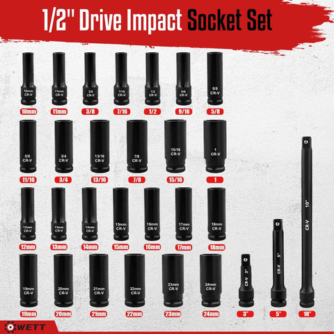 Three Eighth Inch Drive Impact Socket Set With Forty Eight Piece SAE And Metric Deep And Shallow Sockets Plus Three Inch And Six Inch Extension Bars Three Eighth Universal Joint And Three Eighth To One Half Inch Adapter Cr V Steel Six Point displayed in grid with sizes.
