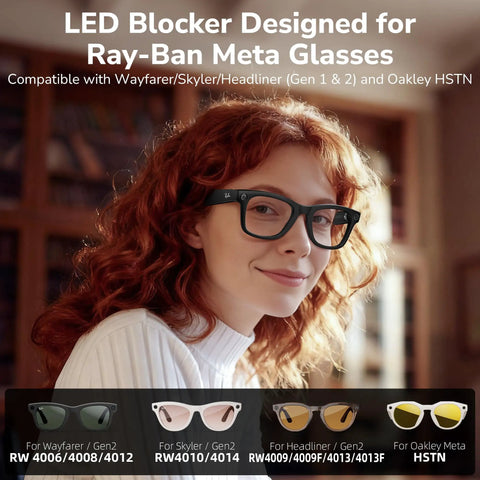 Woman wearing Meta glasses with LED Light Blocking Stickers For Meta Glasses Gen 1 And 2 Wayfarer Skyler Headliner And Oakley HSTN