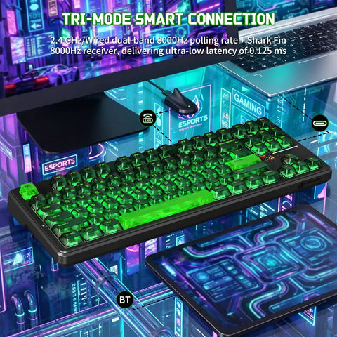 TKL Wireless Mechanical Gaming Keyboard Black Built Different With Massive 10000Mah Battery showcasing tri-mode smart connection with glowing keys.
