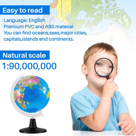 Child using magnifying glass with globe from Six 3.4 Inch World Globes Set For Kids And Adults Educational Mini Desk Globes.