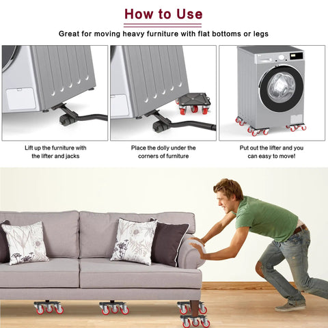 Heavy Duty Furniture Dolly With Five Wheels Up To 3300 Lbs Load Capacity For Easy Moving And Storage Premium Carbon Steel Construction Four Pack Tool Set For Home Or Office Moving And Storage Solutions shown moving a sofa and washing machine