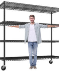 Man standing in front of 60 Inch Wide Beefy Heavy Duty On Wheels Wire Shelving Rack With Adjustable Shelves Built For Garage Pantry Kitchen Basement Warehouse