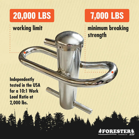 Port-A-Wrap Large Stainless Steel Arborist Rigging Gear For Tree Work, Heavy Duty Port Wrap With 7,000 lb Break Strength, Fits 3/4 In Rope, 10:1 Work Load Ratio Up To 2,000 Lbs, Durable Tree Rigging Equipment shown with load ratings.