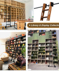 Library display featuring wooden shelving with sliding barn door hardware kit and ladder, suitable for book storage and access.