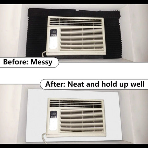 Comparison of before and after installation of Window Air Conditioner Side Insulation Foam Panel Kit, one piece full surround seal