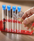 Hand holding test tube with red rack in background from Two Pack Plastic Test Tube Rack With Caps Includes Twelve Clear Tubes And Two Red Holder Racks With Six Holes Each For Nurse Party Decor And Science Experiments Classroom Displays DIY Projects Ready To Roll