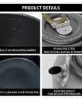 Product details of Nonstick Camping Cookware Mess Kit with foldable handles showing measuring marks, rivets, nonstick pan, and kettle spout.