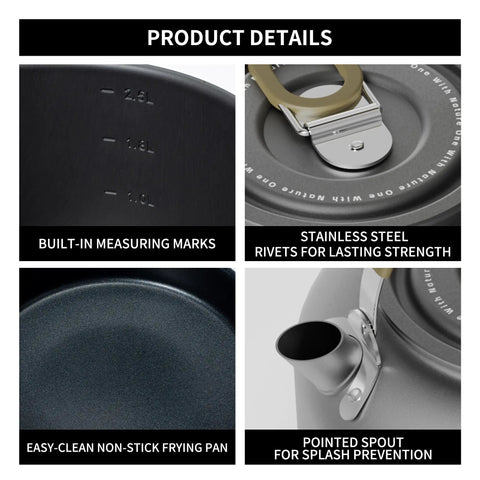 Product details of Nonstick Camping Cookware Mess Kit with foldable handles showing measuring marks, rivets, nonstick pan, and kettle spout.