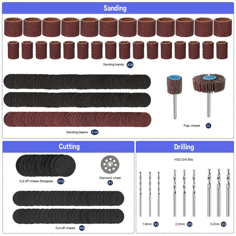 All In One Pro Grade 346 Piece Rotary Tool Accessories Kit DIY Ready With 1 8th Inch Shank Bits For Cutting Grinding Sanding Sharpening Carving And Polishing Universal Fit For Most Tool Types Includes Cutting Wheels Grinding Wheels Brushes Drills