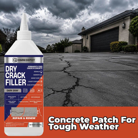 No Sweat Dark Gray Crack Filler For Concrete Repair And Garage Floors With Natural Finish Quick Cure Joint Sealer For Driveway And Patio Patching Busted Concrete Straight Up on cracked driveway with cloudy sky.