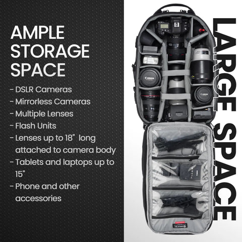 Anvil 27 Camera Backpack For Photographers With Laptop Compartment And Tripod Holder, open showing storage for DSLR, lenses, and laptop.