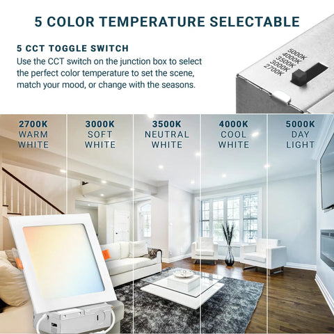 5 color temperature settings on 12 Pack 6 Inch Ultra Thin LED Recessed Canless Wafer Panels with room lighting examples.