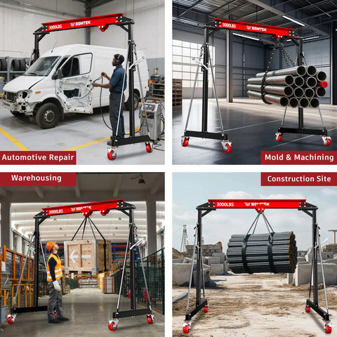 1.5 Ton Portable Gantry Crane With Adjustable Height From 8.53 To 12.47 Feet And A 6.56 Foot Span, Steel I Beam Construction, Red
