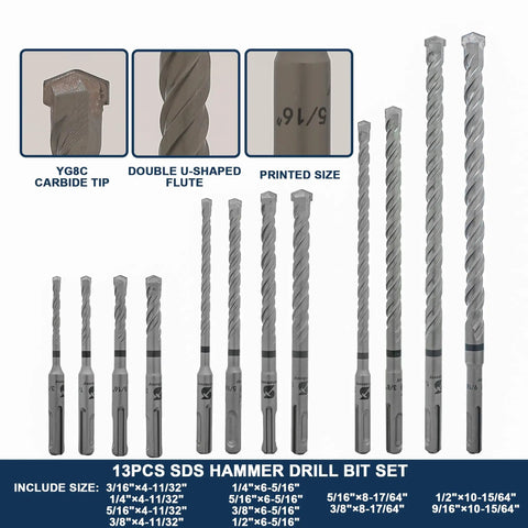 Heavy Duty Rotary Hammer Drill Bits Set And Chisels For SDS Plus Concrete Masonry 13 drill bits with YG8C carbide tips