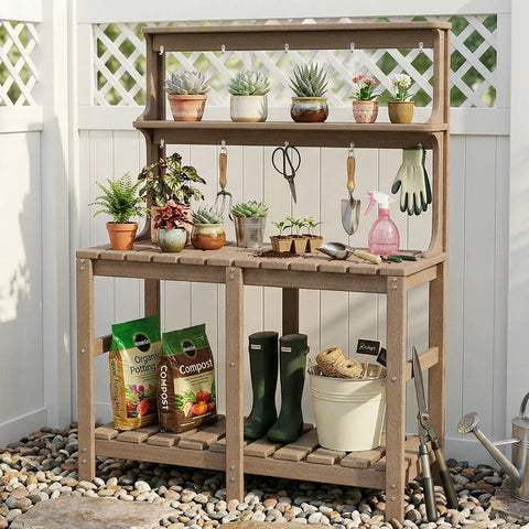 Outdoor Potting Bench With Three Tier All Weather Construction And Tool Hooks Built For Busy Green Thumbs For Backyard Or Garden