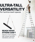 Skyscraper 17 Ft Adjustable Extension Stepladder With Crazy Reach For High Ceilings And Stairwells, Non Slip Feet, Safety Straps, Type IAA 375 Lb Rating, Ultra Tall Multi Position Ladder For Chandeliers And Skylights, on stairwell