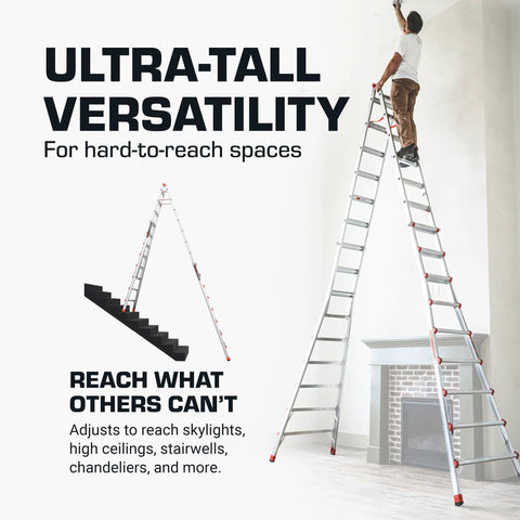 Skyscraper 17 Ft Adjustable Extension Stepladder With Crazy Reach For High Ceilings And Stairwells, Non Slip Feet, Safety Straps, Type IAA 375 Lb Rating, Ultra Tall Multi Position Ladder For Chandeliers And Skylights, on stairwell