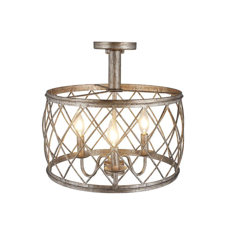 15.75 Inch Trellis Cage Semi Flush Mount Ceiling Light Three Light Openwork Lantern With Dope Aged Silver Finish Industrial Style