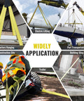 Heavy Duty Lift Sling Straps 15ft 2in Nylon Webbing Slings, 22,500 Lbs Capacity shown in various hoisting and towing uses