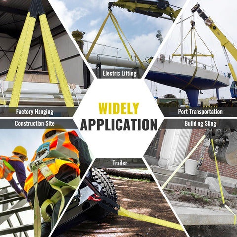 Heavy Duty Lift Sling Straps 15ft 2in Nylon Webbing Slings, 22,500 Lbs Capacity shown in various hoisting and towing uses