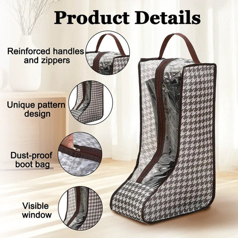 2 Pack Portable Boot Storage Organizer Bags For Tall Boots, Dustproof Waterproof Travel Shoe Bags, brown pattern with handles