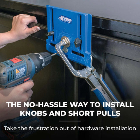 Portable Cabinet Hardware Jig With Edge Guide For Knobs And Small Pulls in use for straight hole drilling on a cabinet.