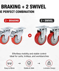 Rock Solid Heavy Duty 4 Inch PVC Caster Wheels With Double Brake Swivel Plate Set showing 2 braking and 2 swivel caster wheels for carts
