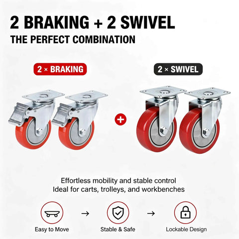 Rock Solid Heavy Duty 4 Inch PVC Caster Wheels With Double Brake Swivel Plate Set showing 2 braking and 2 swivel caster wheels for carts