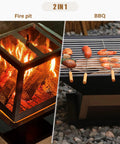 Compact 19.8 Inch Square Fire Pit With Removable Ash Pan And Mesh Lid shown with fire burning and BBQ grill function