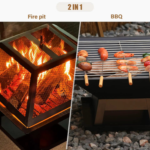 Compact 19.8 Inch Square Fire Pit With Removable Ash Pan And Mesh Lid shown with fire burning and BBQ grill function
