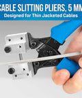 Close-up of CSP F5 Cable Slitting Pliers cutting thin-walled jacketed fiber optic cable, featuring blue ergonomic handle.