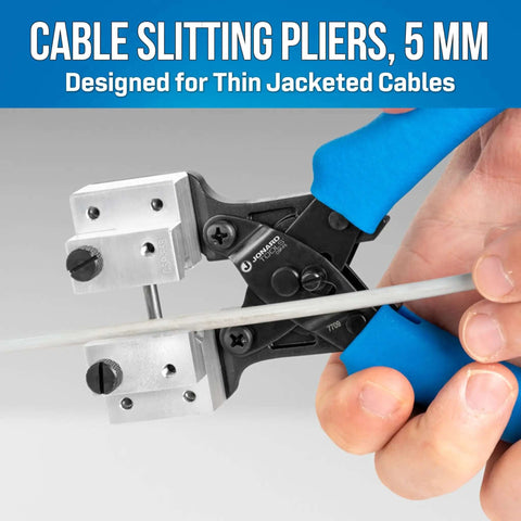 Close-up of CSP F5 Cable Slitting Pliers cutting thin-walled jacketed fiber optic cable, featuring blue ergonomic handle.