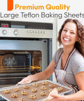 Woman holding Bangin Nonstick PTFE Baking Sheets Set For Oven And Air Fryer with cookies, 16x20 inches, BPA/PFOA-free.