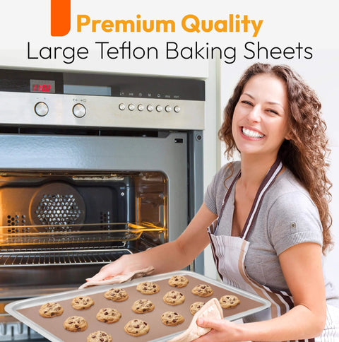 Woman holding Bangin Nonstick PTFE Baking Sheets Set For Oven And Air Fryer with cookies, 16x20 inches, BPA/PFOA-free.