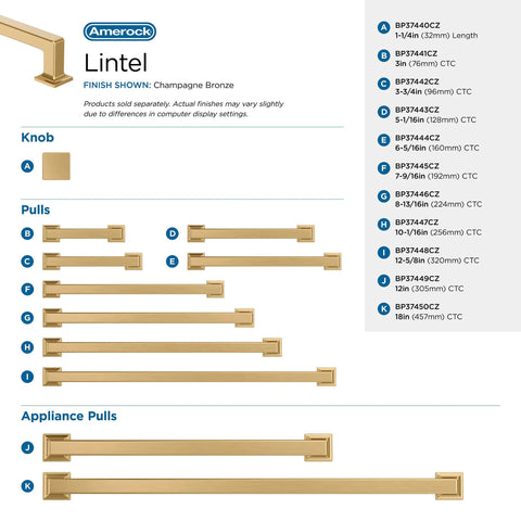 Diagram showing various sizes of Lintel Champagne Bronze pulls, including Lintel 18 Inch Center To Center Champagne Bronze Appliance Pull.