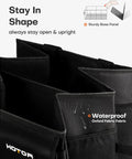 Close-up of Foldable Trunk Organizer For Cars And SUVs With Dual Large Compartments, waterproof Oxford fabric, sturdy black design.