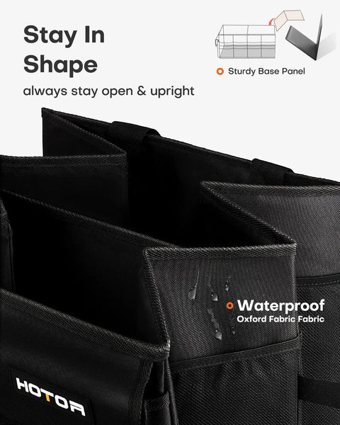 Close-up of Foldable Trunk Organizer For Cars And SUVs With Dual Large Compartments, waterproof Oxford fabric, sturdy black design.