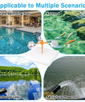 Floating Reflective Windmill Bird Deterrent For Pools And Backyards shown in various water settings like pools and ponds