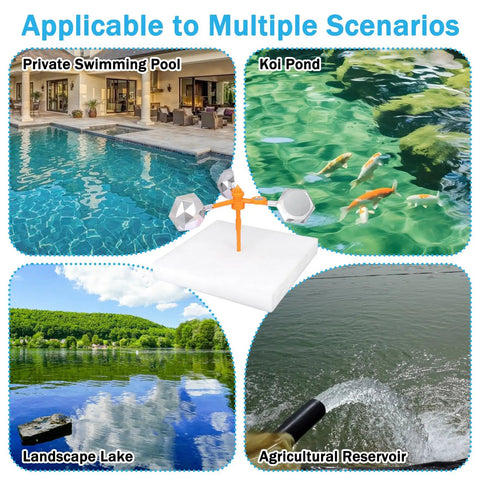 Floating Reflective Windmill Bird Deterrent For Pools And Backyards shown in various water settings like pools and ponds