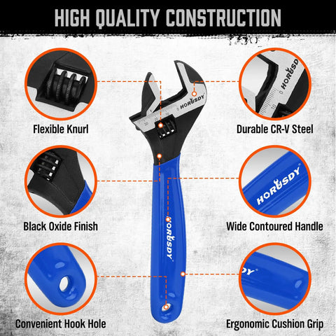 Go-To Three Piece Adjustable Wrench Set With 6, 8, 10 Inch Wide Jaw Wrenches In Black Oxide Cr-V Steel With Metric And SAE Scales, features labeled.